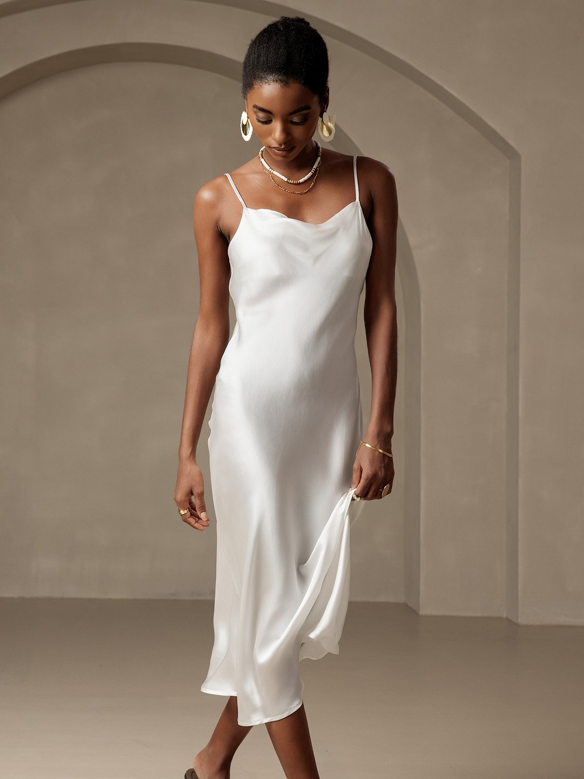 [White] SilkSilky-AU Pure Silk Sleeveless Cowl Neck Dress 006
