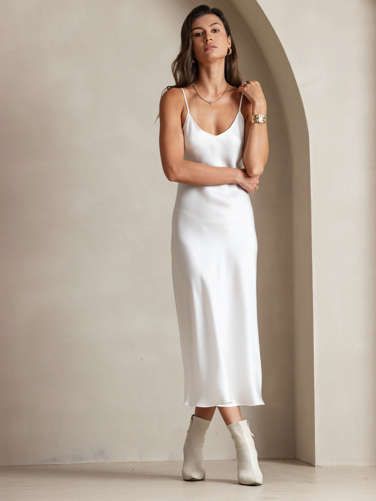 [White] SilkSilky-AU Pure Silk Sleeveless Round Neck Dress 006