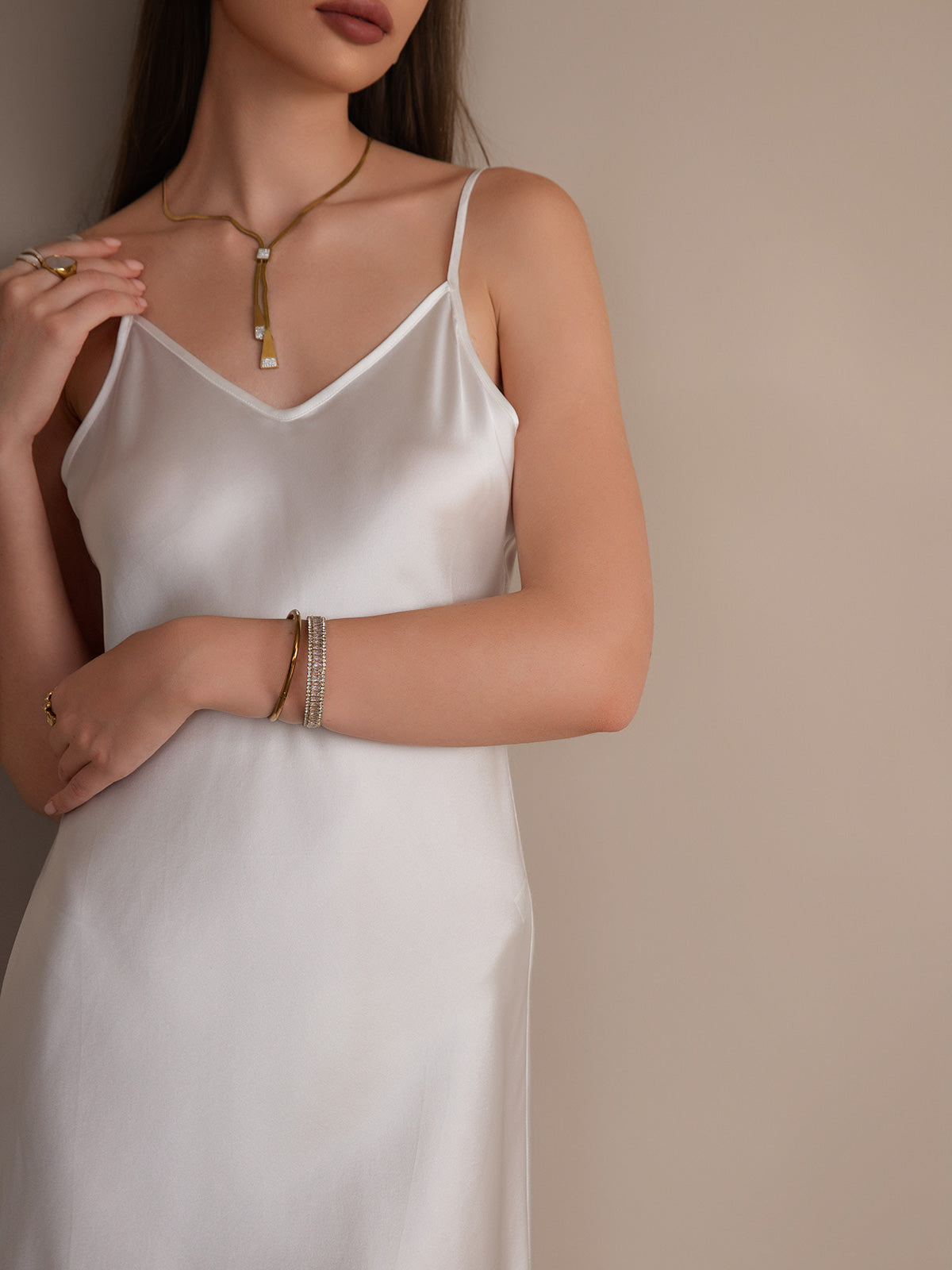 [White] SilkSilky-AU Pure Silk Sleeveless V Neck Dress 003