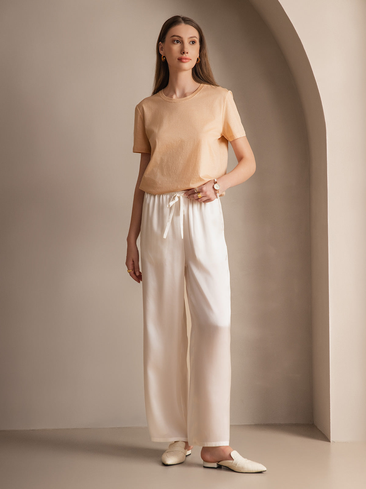 [White] SilkSilky-AU Pure Silk Womens Pants 005