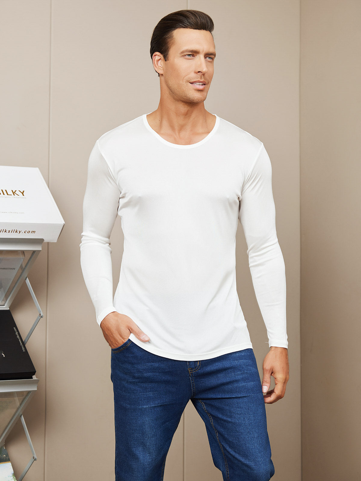 [White] SilkSilky-AU Silk Knitted Long Sleeve Round Neck Men's T-Shirt 003