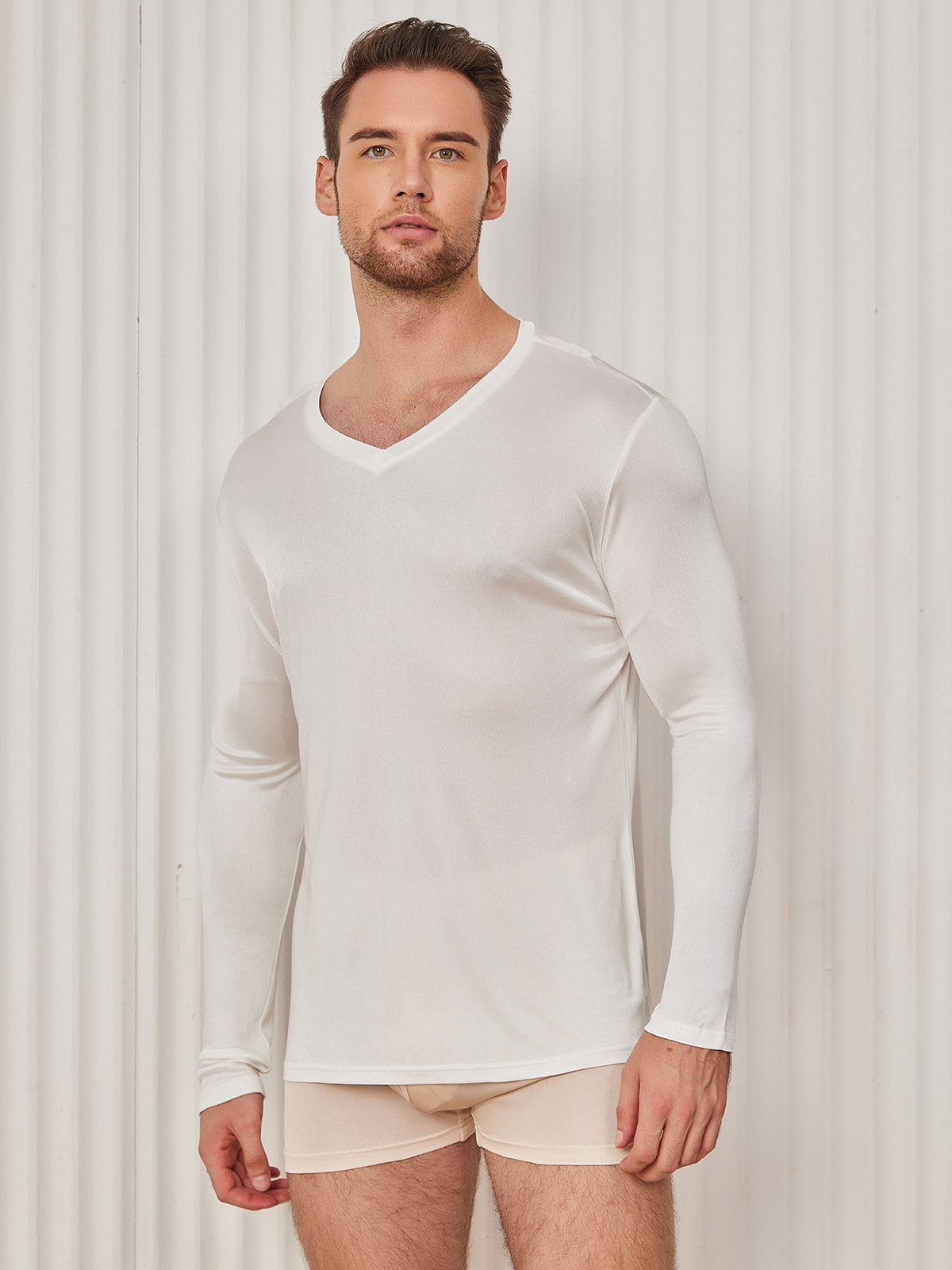 [White] SilkSilky-AU Silk Knitted Long Sleeve V Neck Men's T-Shirt 001