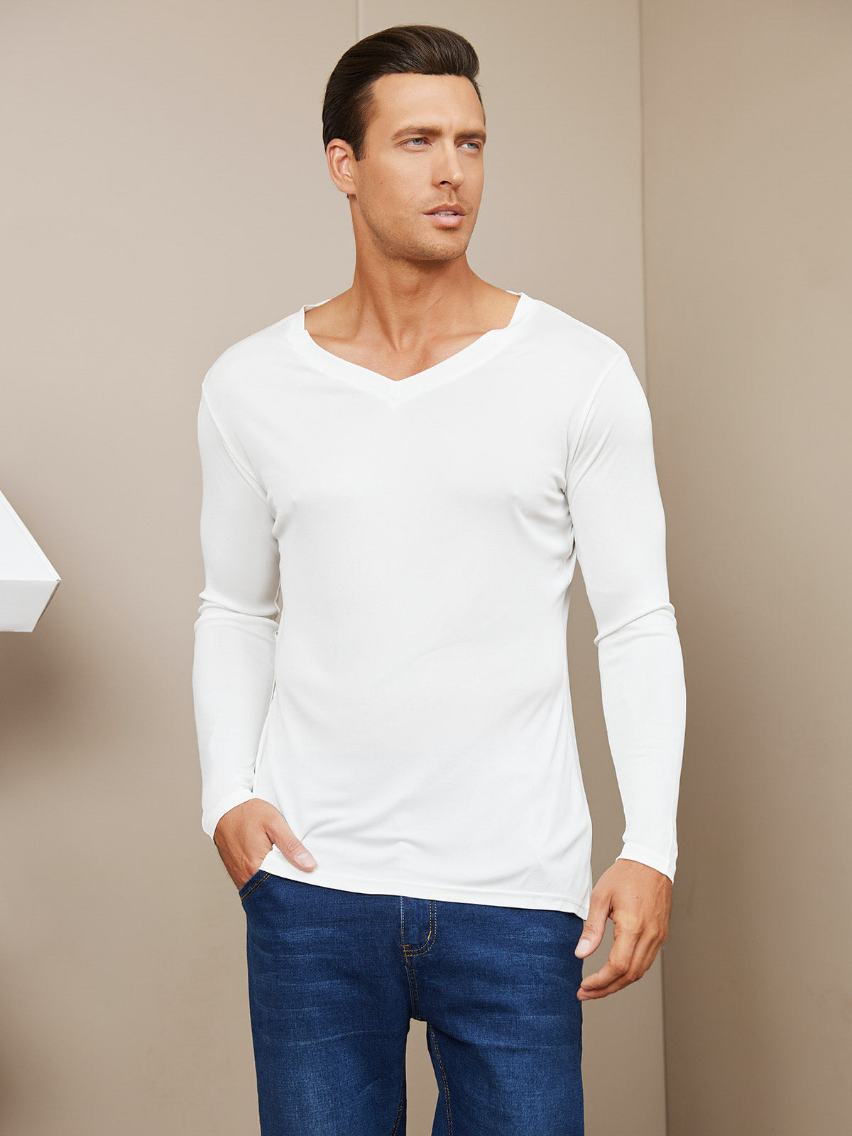 [White] SilkSilky-AU Silk Knitted Long Sleeve V Neck Men's T-Shirt 003