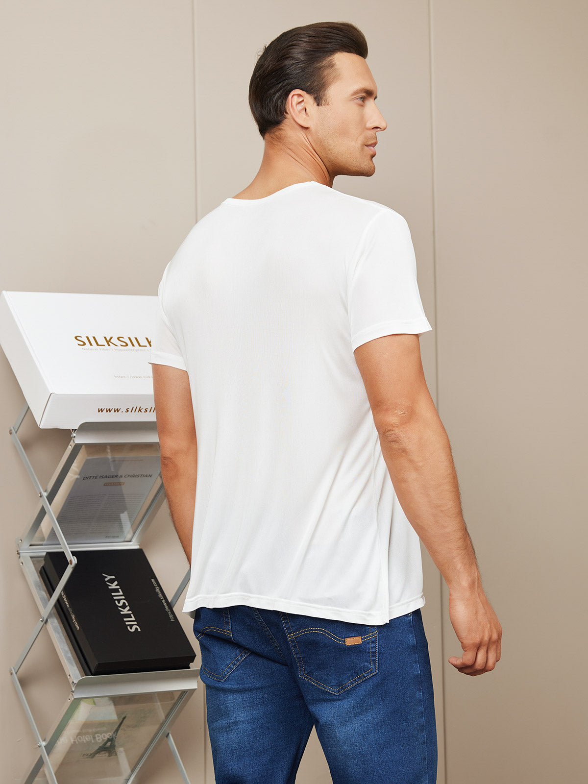 [White] SilkSilky-AU Silk Knitted Short Sleeve Round Neck Men's T-Shirt 002