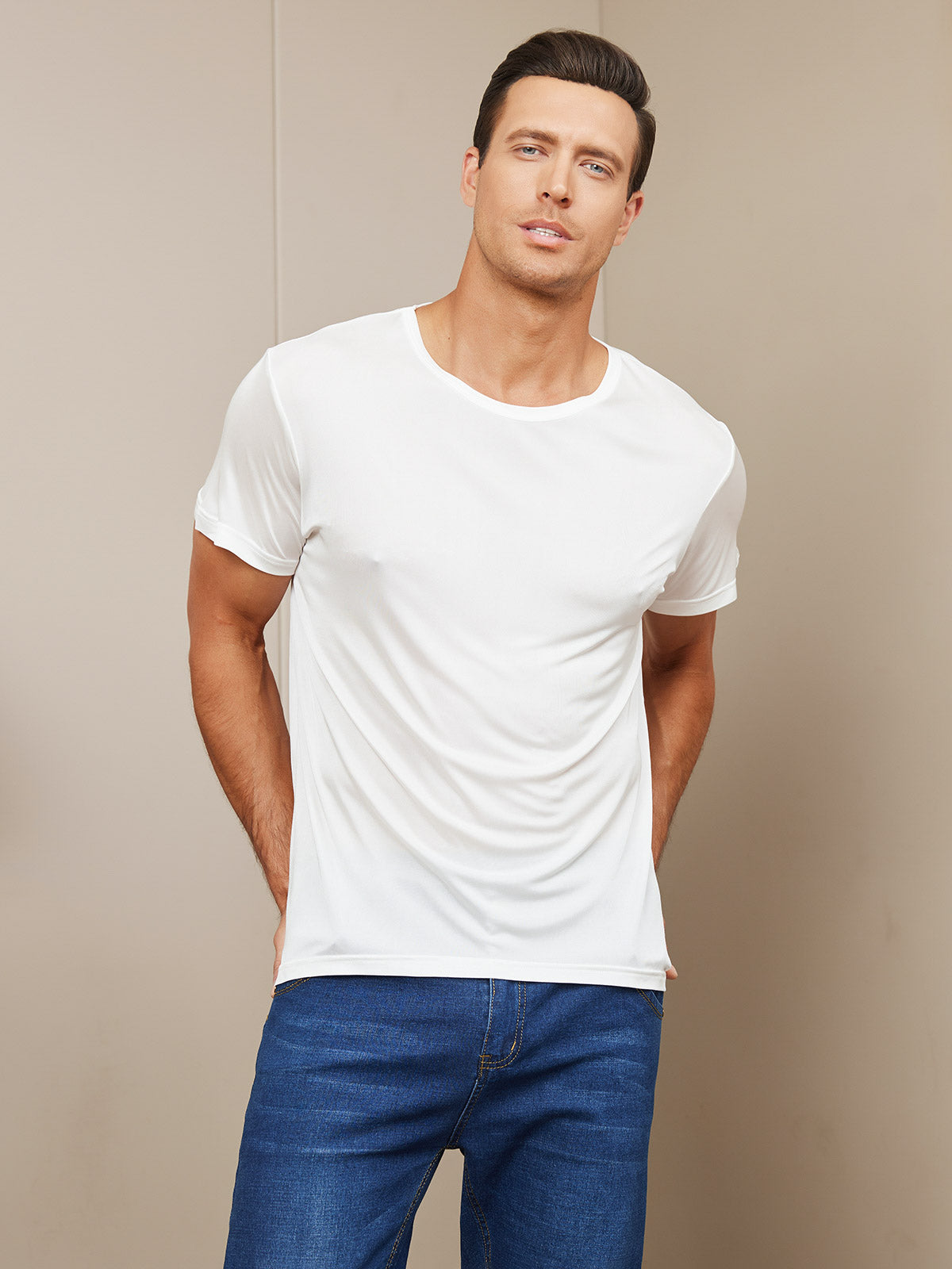 [White] SilkSilky-AU Silk Knitted Short Sleeve Round Neck Men's T-Shirt 004