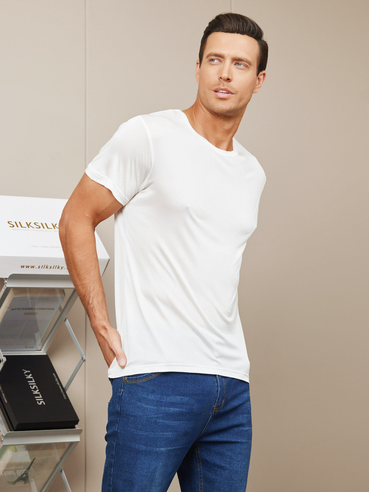 [White] SilkSilky-AU Silk Knitted Short Sleeve Round Neck Men's T-Shirt 005
