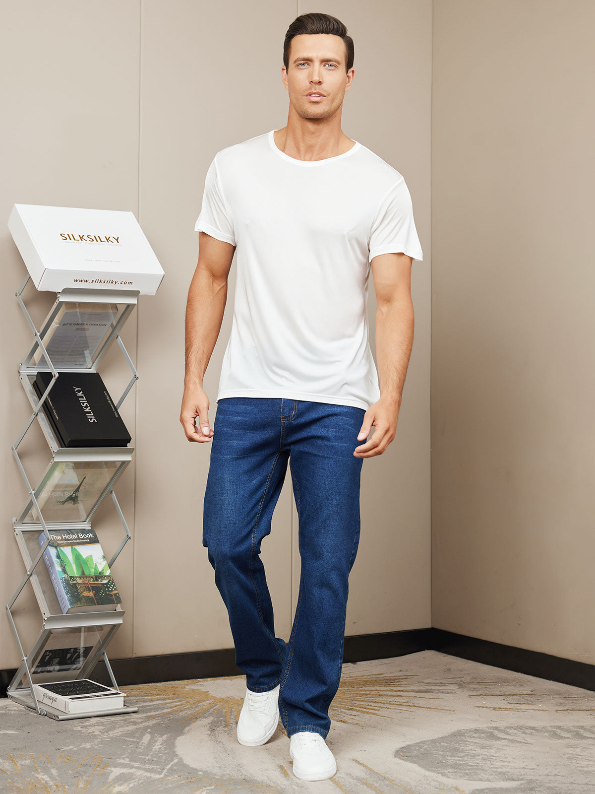 [White] SilkSilky-AU Silk Knitted Short Sleeve Round Neck Men's T-Shirt 006