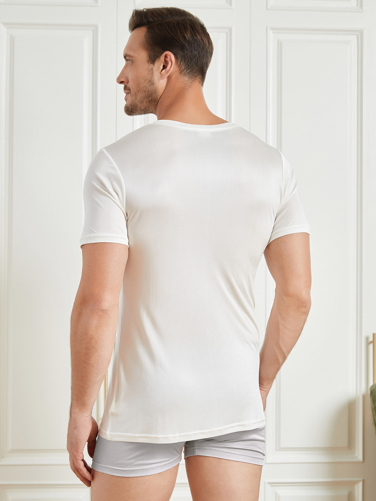 [White] SilkSilky-AU Silk Knitted Short Sleeve V Neck Men's T-Shirt 002