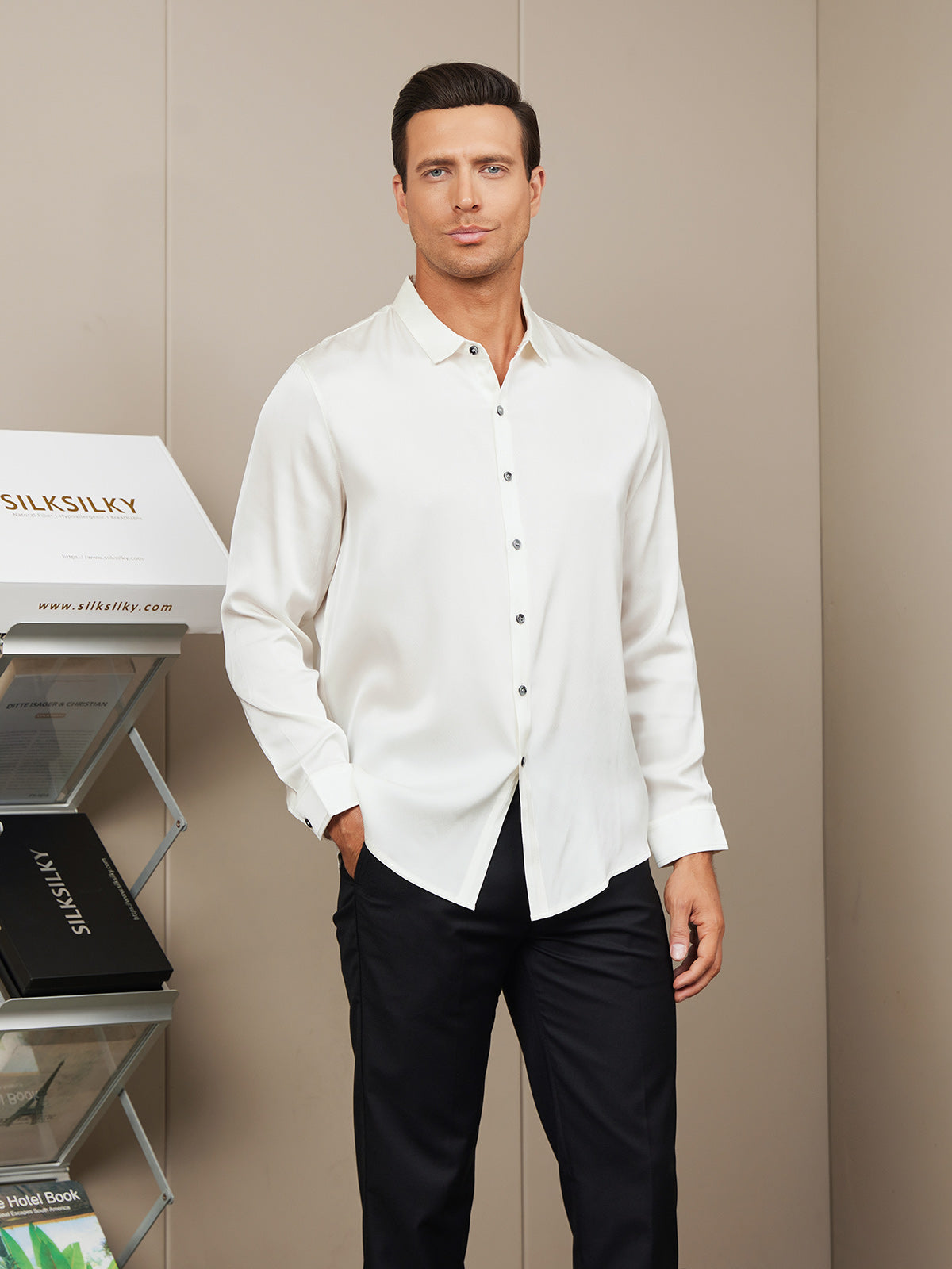 [White] SilkSilky-AU Silk Long Sleeve Collar Men's Shirt 001