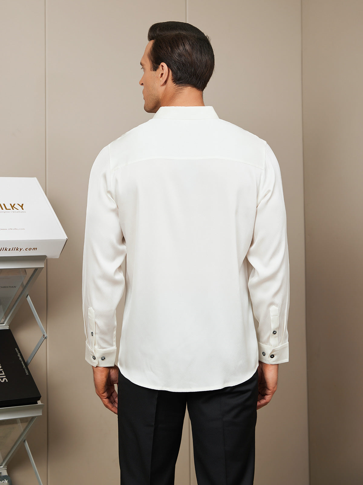 [White] SilkSilky-AU Silk Long Sleeve Collar Men's Shirt 002