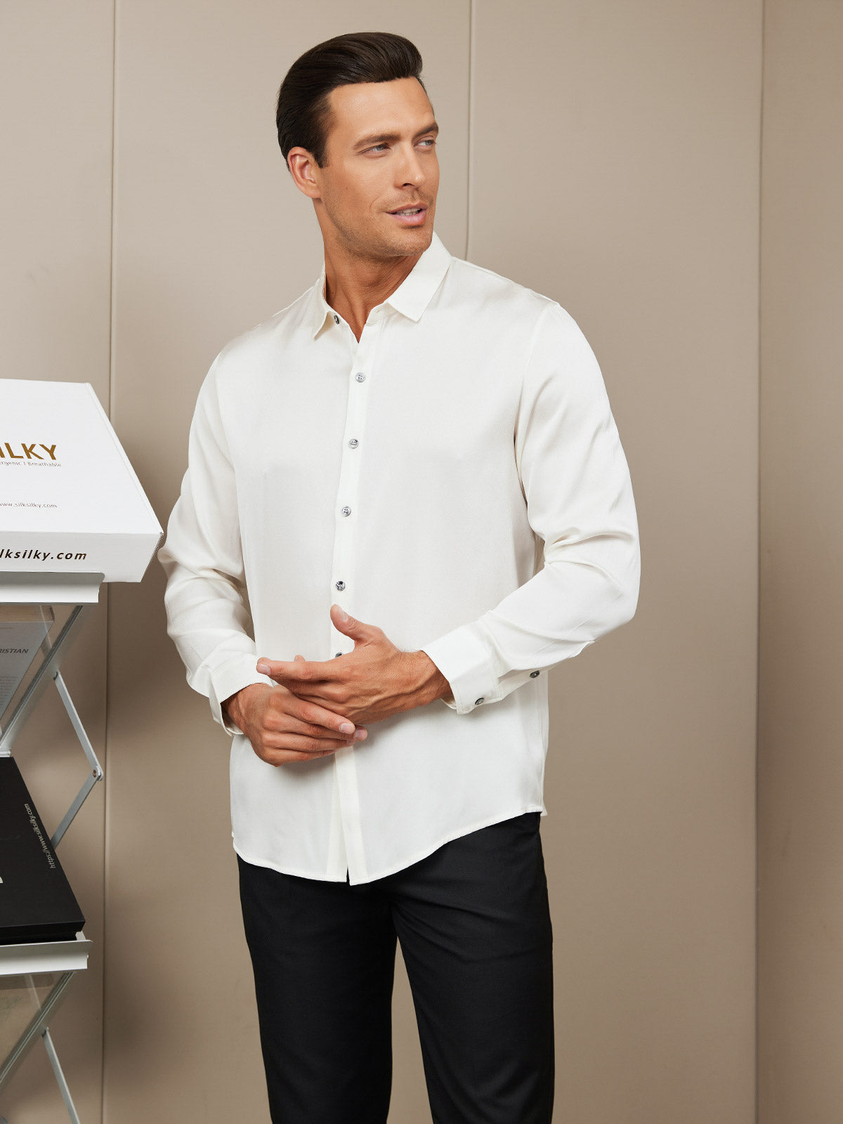 [White] SilkSilky-AU Silk Long Sleeve Collar Men's Shirt 003