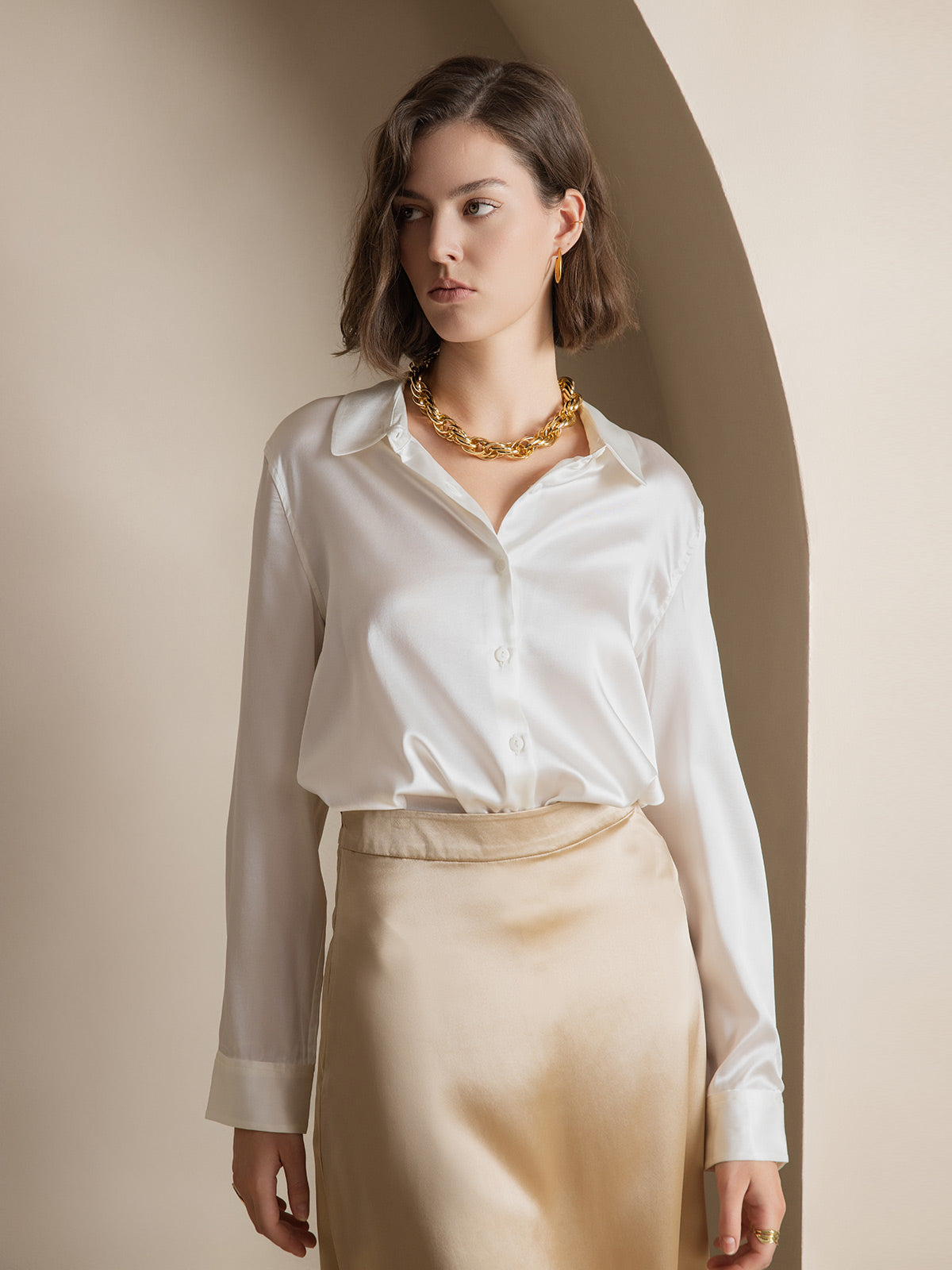 [White] SilkSilky-AU Silk Long Sleeve Collar Women's Shirt 001