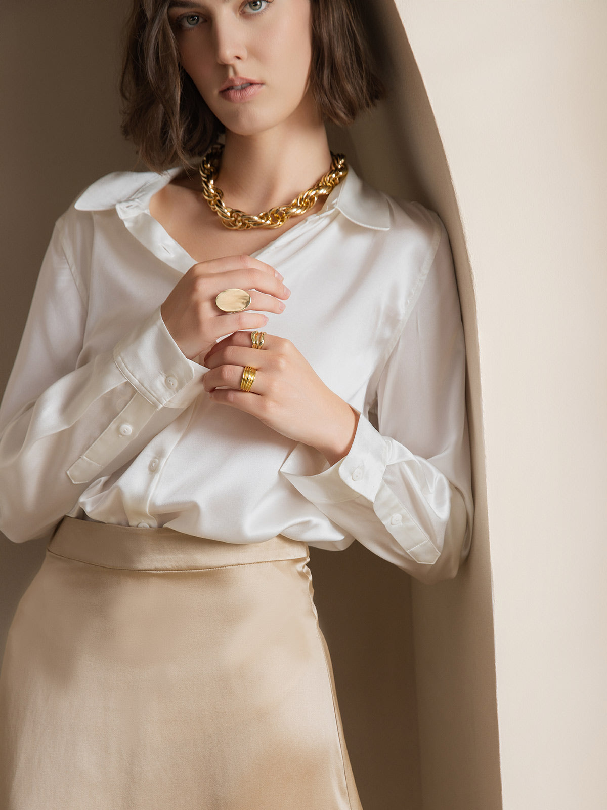 [White] SilkSilky-AU Silk Long Sleeve Collar Women's Shirt 003