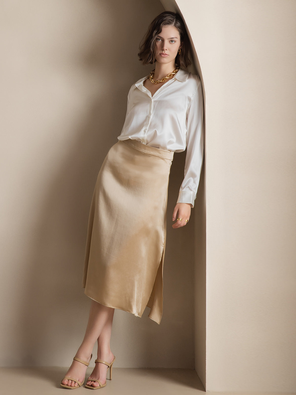 [White] SilkSilky-AU Silk Long Sleeve Collar Women's Shirt 005