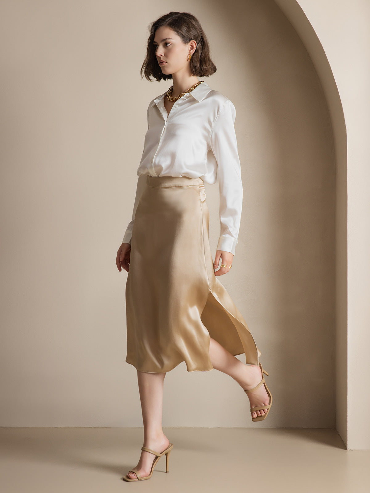 [White] SilkSilky-AU Silk Long Sleeve Collar Women's Shirt 006
