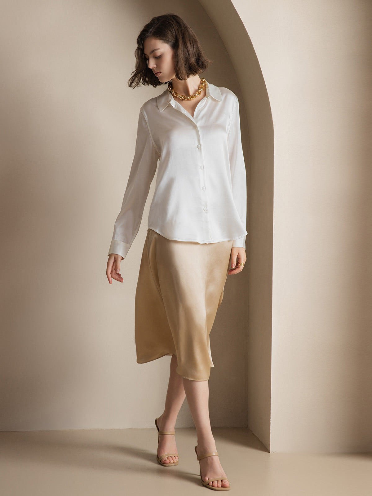 [White] SilkSilky-AU Silk Long Sleeve Collar Women's Shirt 007