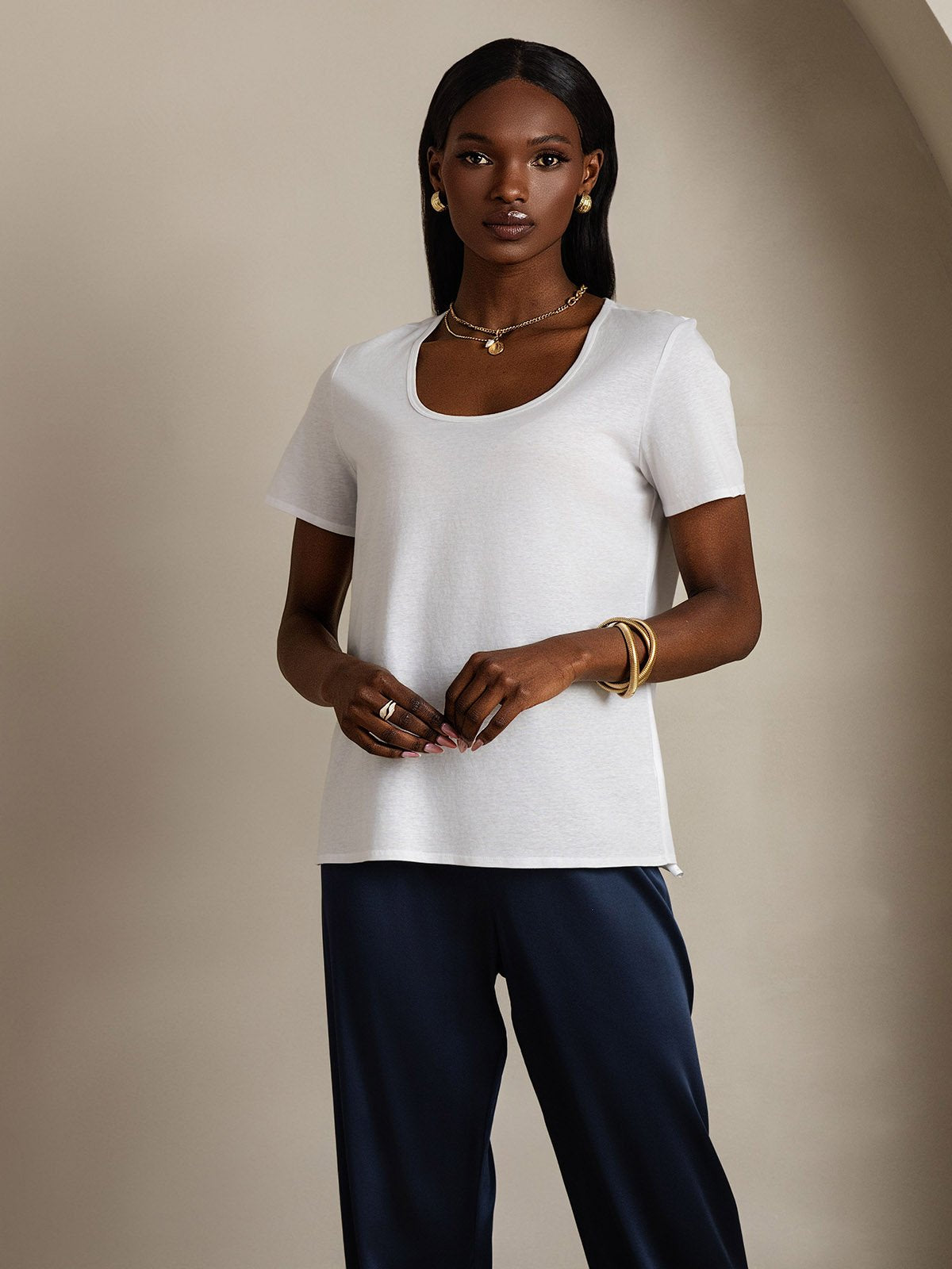 [White] SilkSilky-AU Silk Short Sleeve U Neck Women's T-Shirt 004