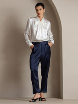 [White] SilkSilky-AU 19Momme Stretch Silk Charmeuse Long Sleeve Tie Neck Blouse 007