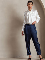 [White] SilkSilky-AU 19Momme Stretch Silk Charmeuse Long Sleeve Tie Neck Blouse 008
