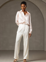 [White] SilkSilky-AU 19Momme Stretch Silk Charmeuse Women's Pants 006
