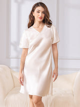 [White] SilkSilky-AU Short Sleeve V Neck Nightgown 003