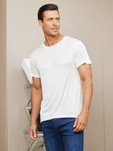 [White] SilkSilky-AU 100% Silk Jersey Short Sleeve Crew Neck Men's T-Shirt 003