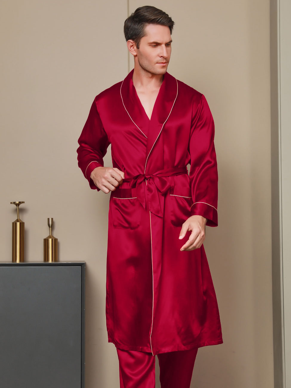 [Wine] SilkSilky-AU 19Momme Pure Silk Long Sleeve Lapel Men's Dressing Gown 001