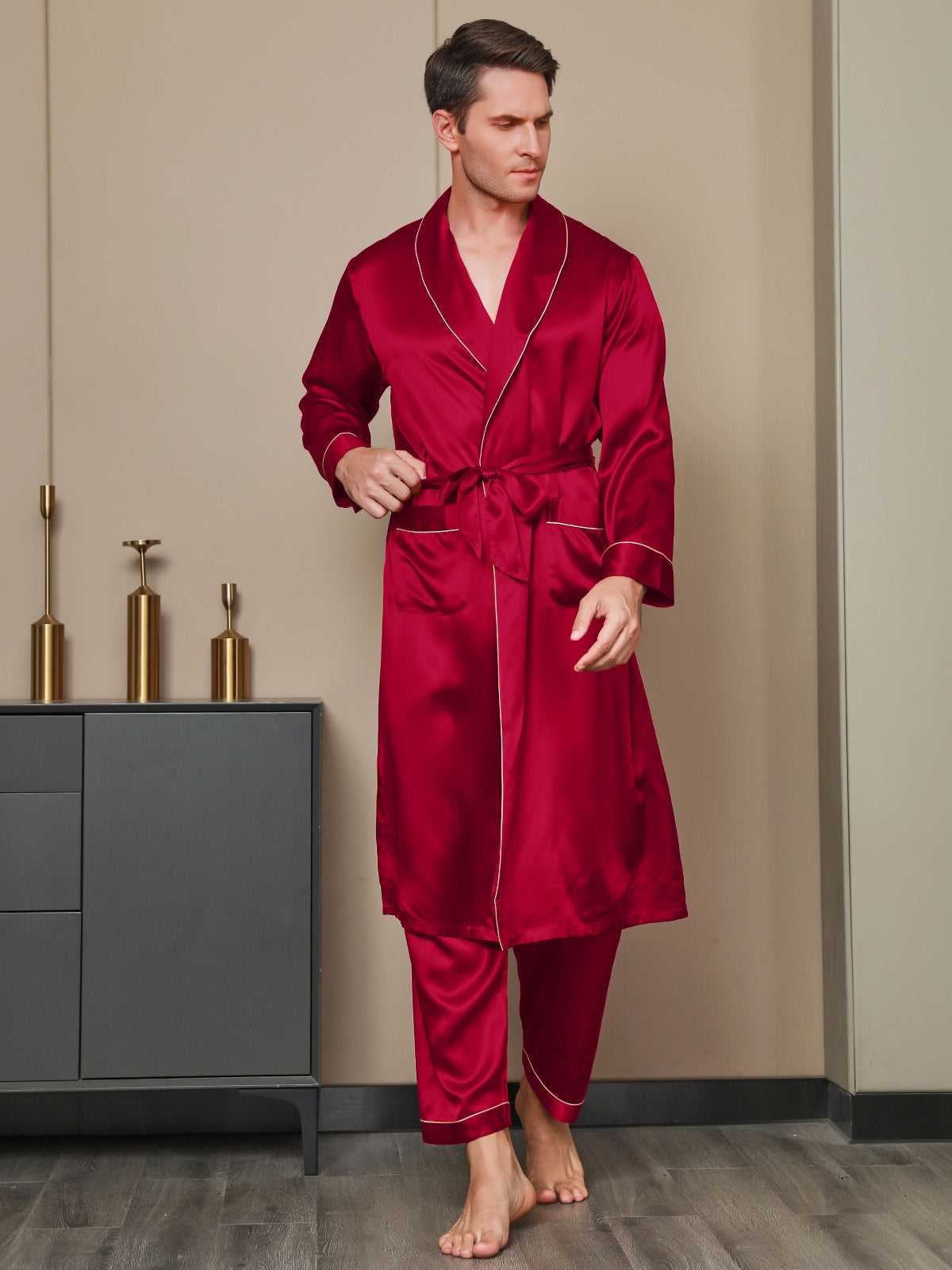 [Wine] SilkSilky-AU 19Momme Pure Silk Long Sleeve Lapel Men's Dressing Gown 003
