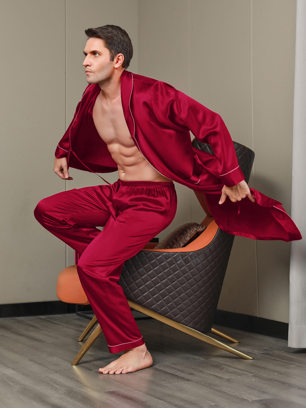 [Wine] SilkSilky-AU 19Momme Pure Silk Long Sleeve Lapel Men's Dressing Gown 005