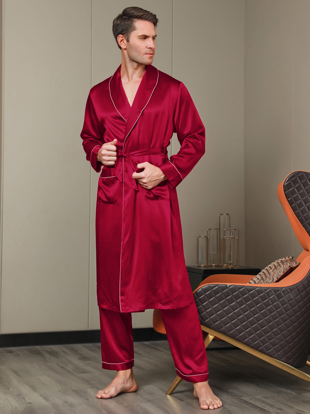 [Wine] SilkSilky-AU 19Momme Pure Silk Long Sleeve Lapel Men's Dressing Gown 006