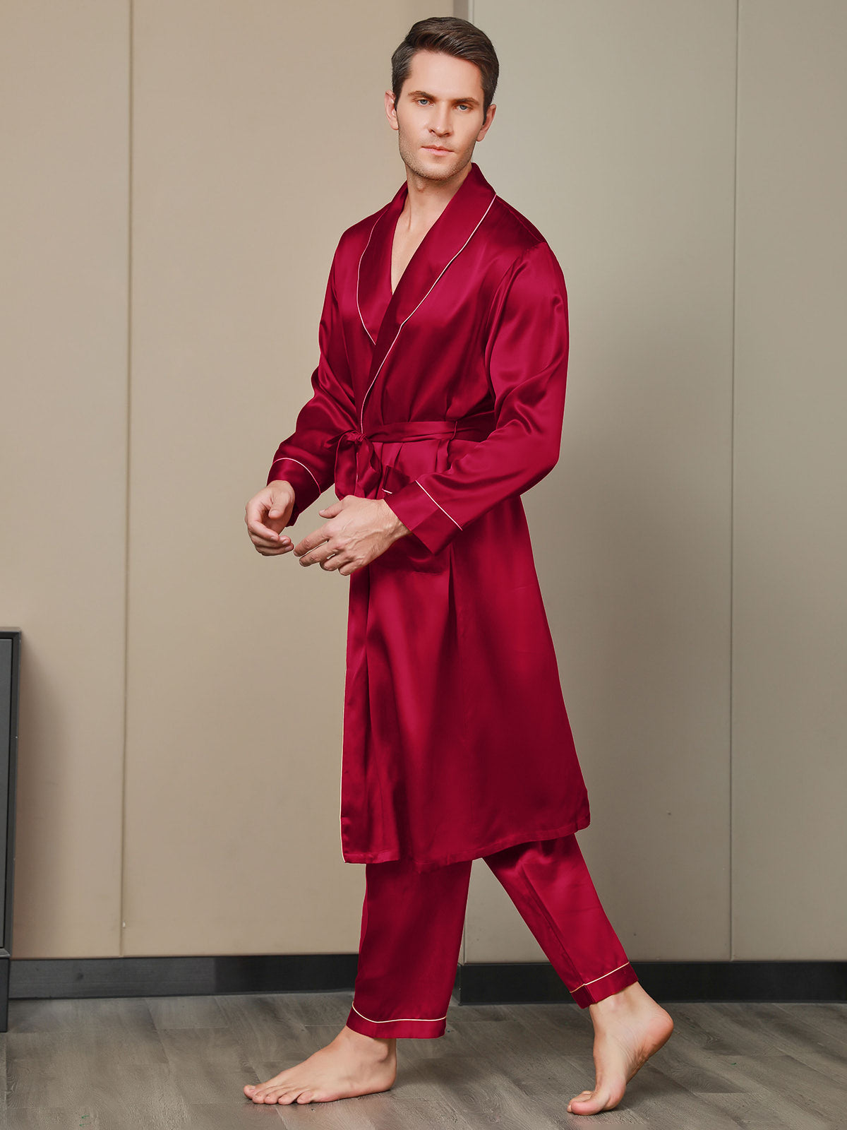 [Wine] SilkSilky-AU 19Momme Pure Silk Long Sleeve Lapel Men's Dressing Gown 007
