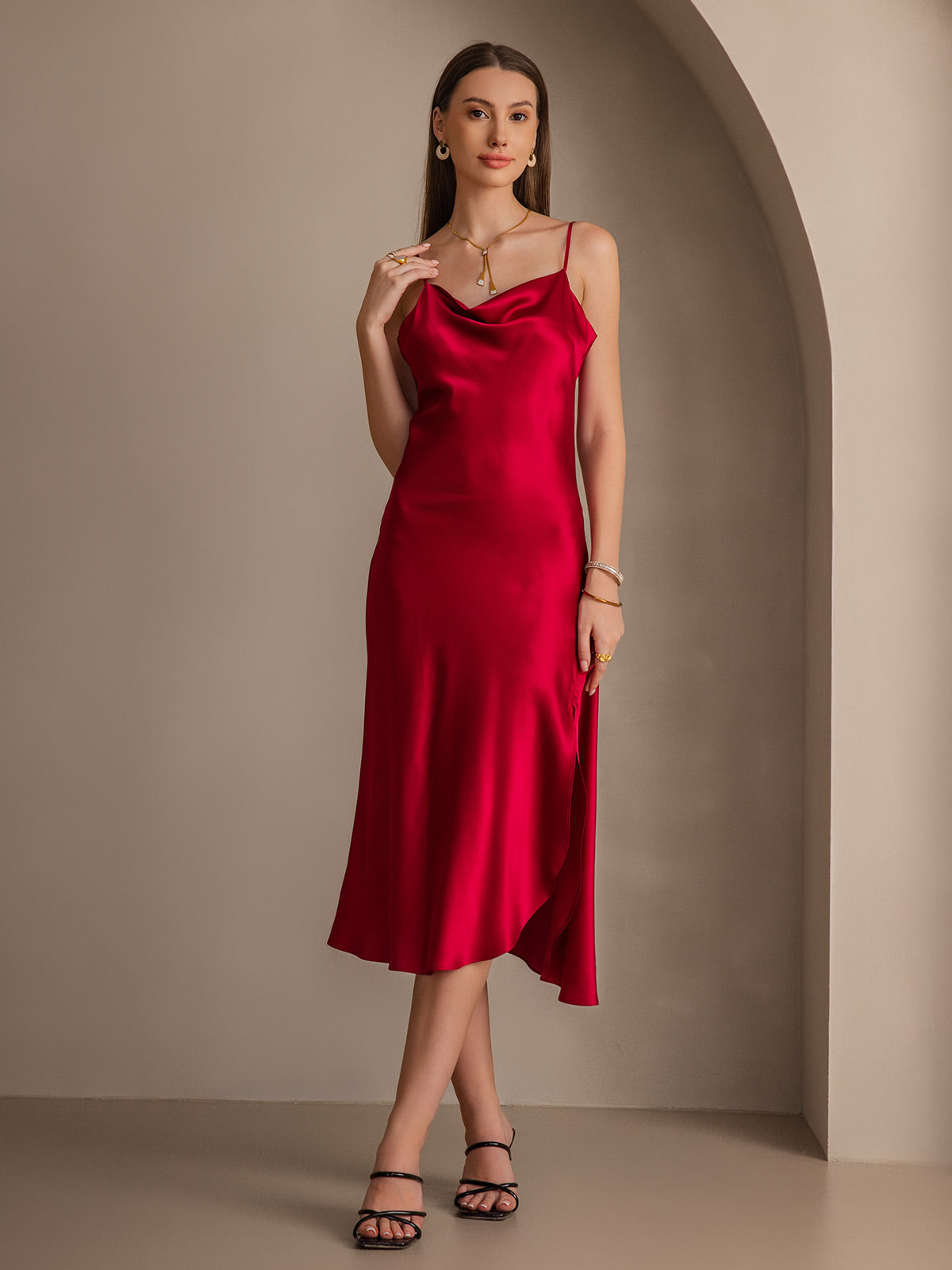 [Wine] SilkSilky-AU 19Momme Pure Silk Sleeveless Cowl Neck Dress 001