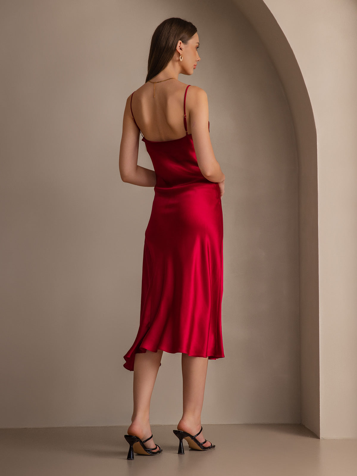 [Wine] SilkSilky-AU 19Momme Pure Silk Sleeveless Cowl Neck Dress 002