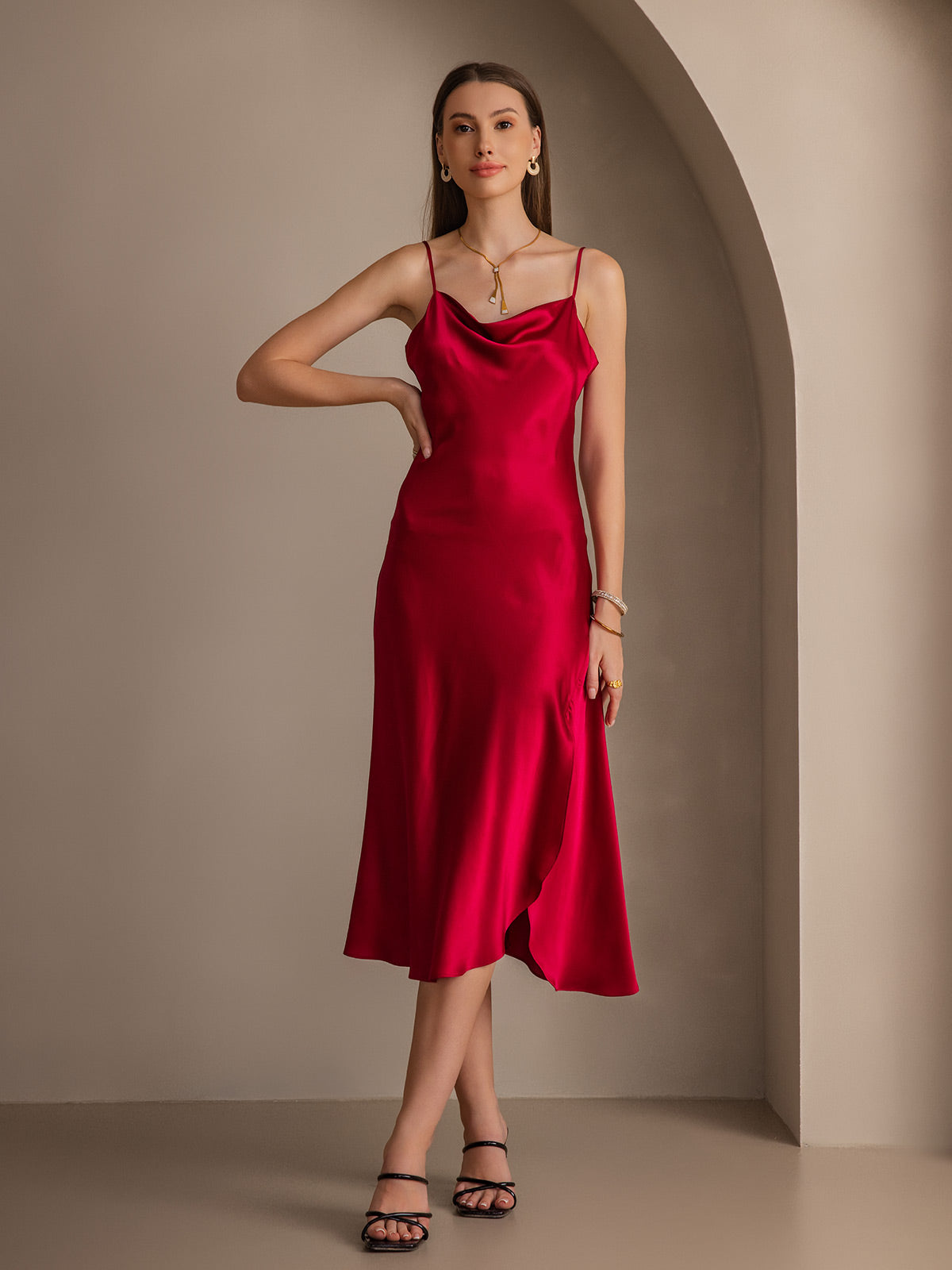 [Wine] SilkSilky-AU 19Momme Pure Silk Sleeveless Cowl Neck Dress 004