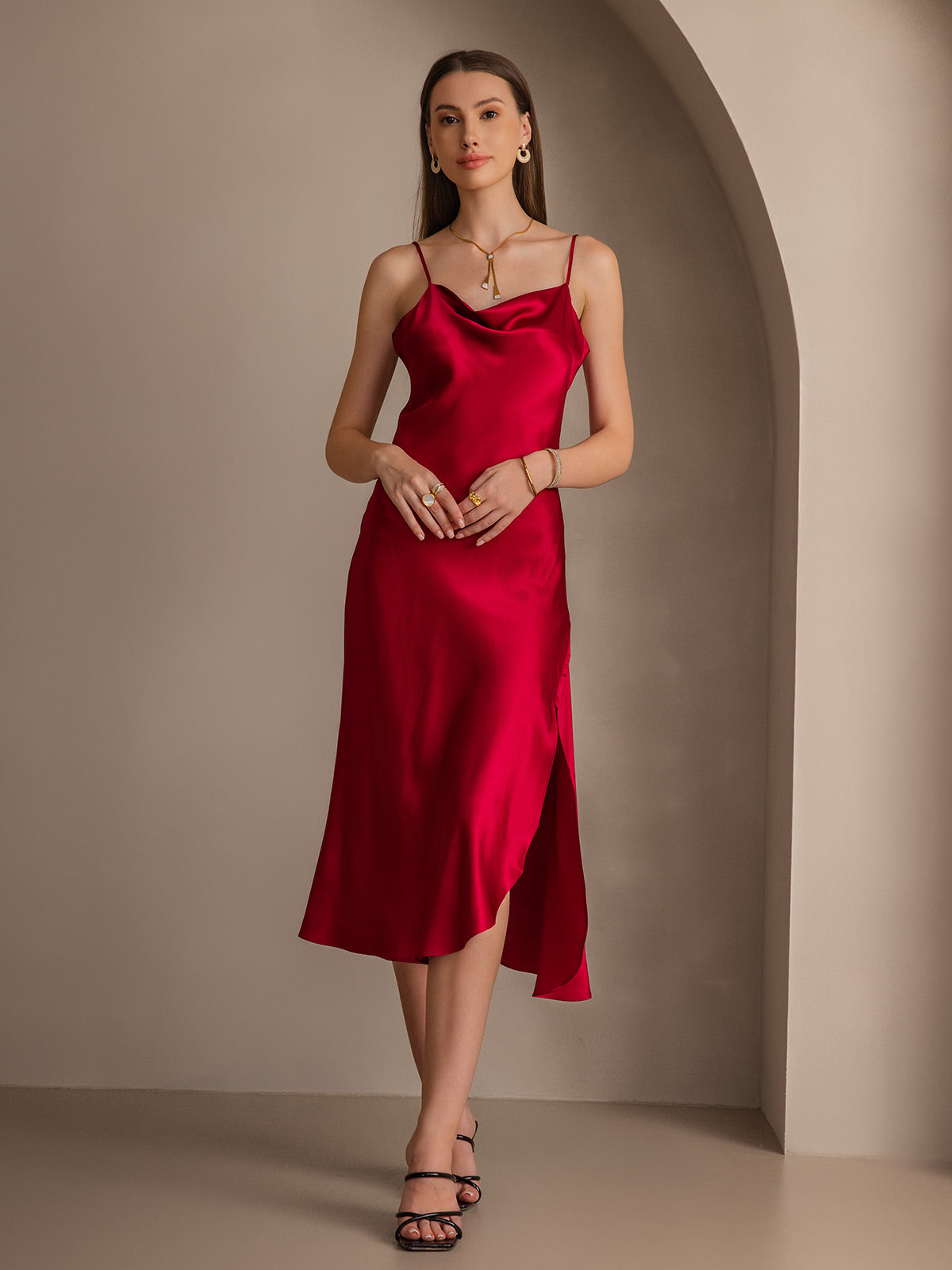 [Wine] SilkSilky-AU 19Momme Pure Silk Sleeveless Cowl Neck Dress 005