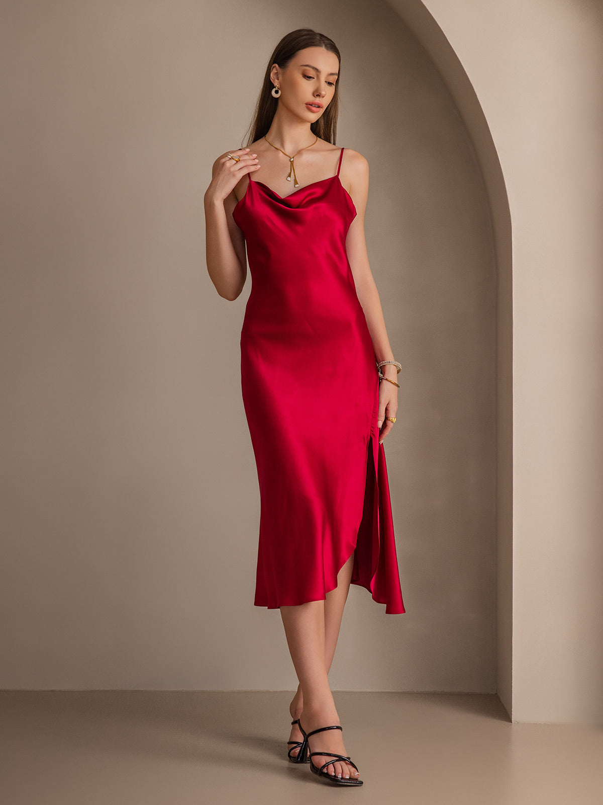 [Wine] SilkSilky-AU 19Momme Pure Silk Sleeveless Cowl Neck Dress 005