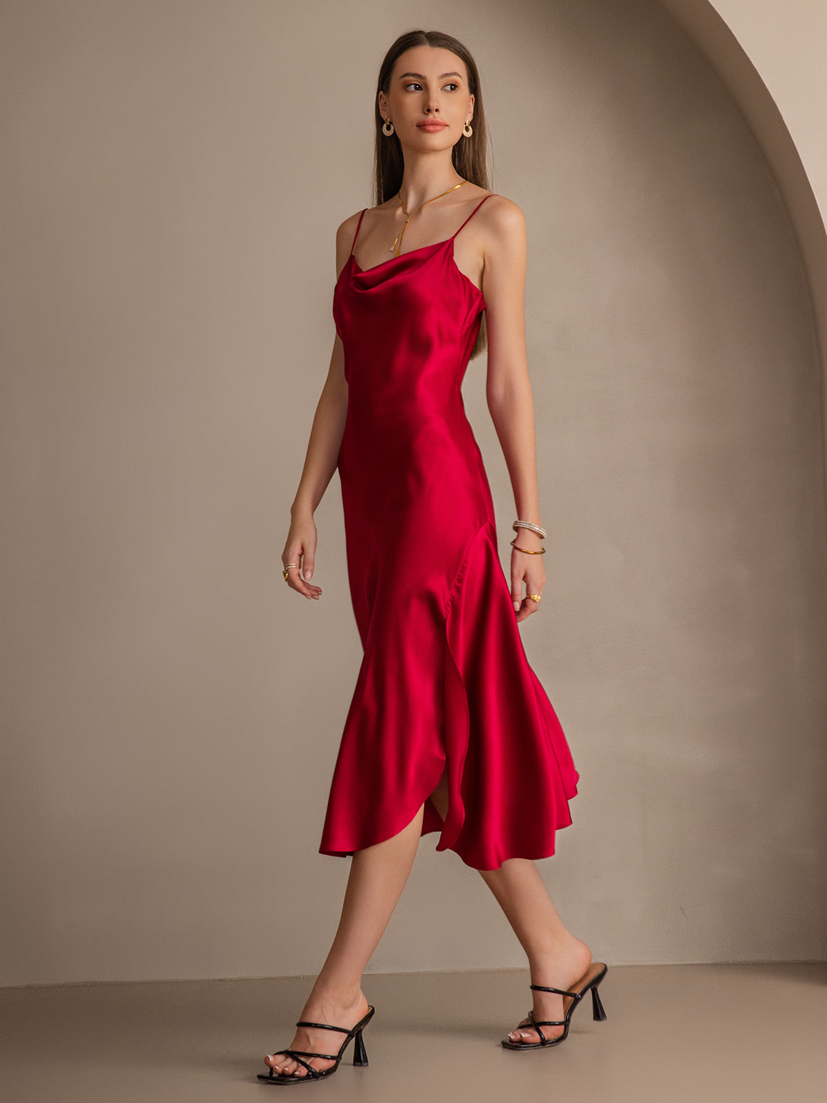 [Wine] SilkSilky-AU 19Momme Pure Silk Sleeveless Cowl Neck Dress 006