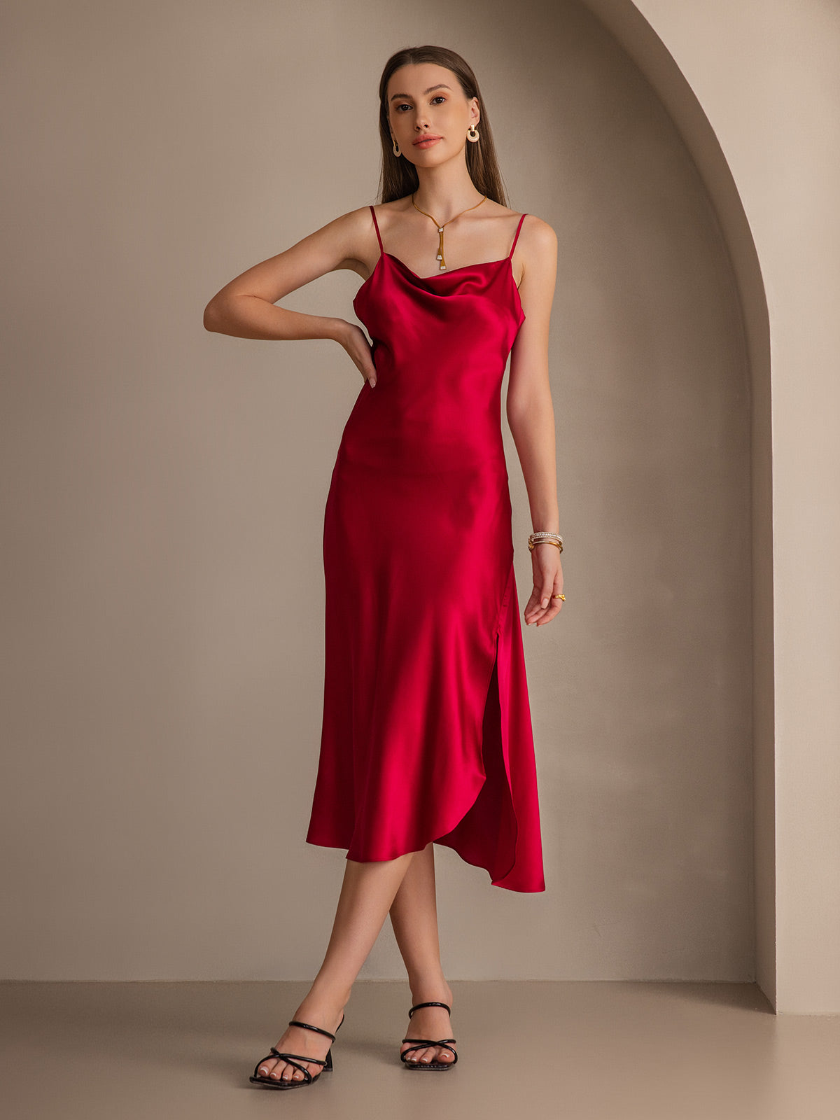 [Wine] SilkSilky-AU 19Momme Pure Silk Sleeveless Cowl Neck Dress 007