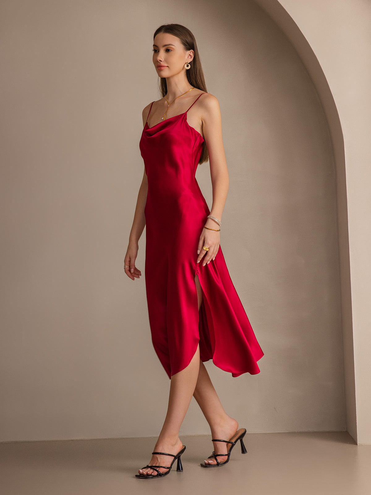 [Wine] SilkSilky-AU 19Momme Pure Silk Sleeveless Cowl Neck Dress 008