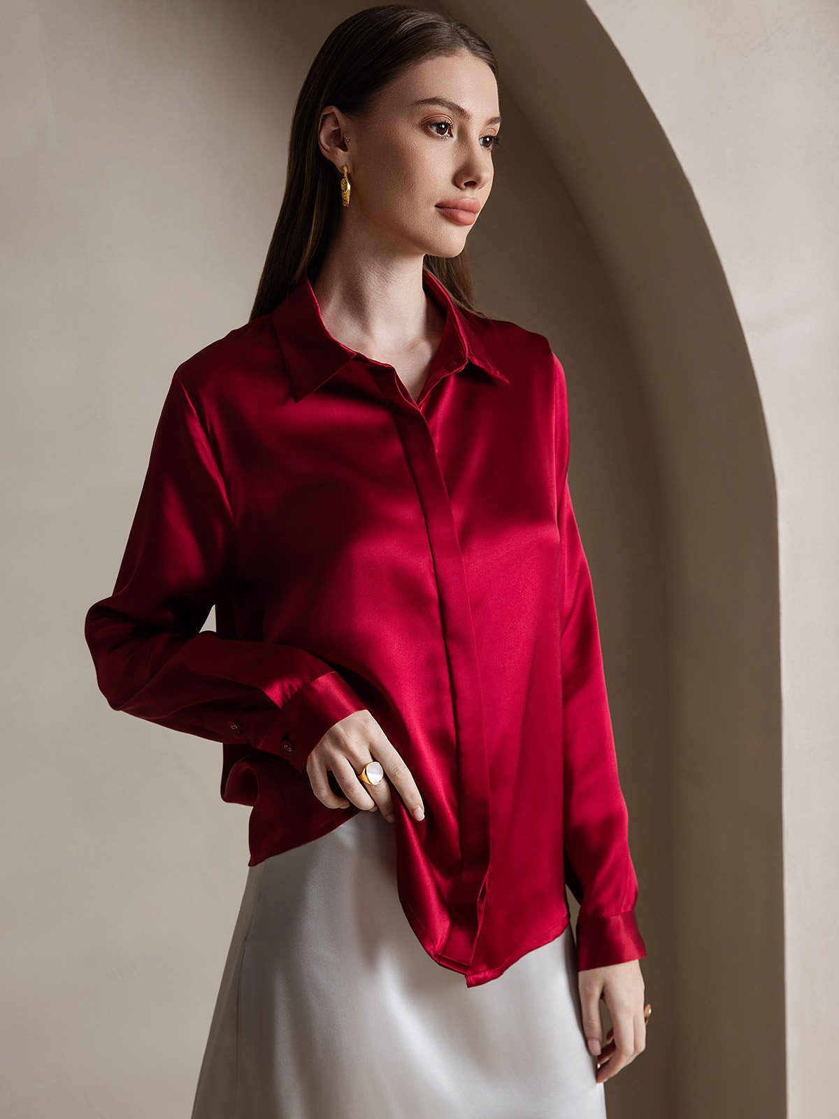 [Wine] SilkSilky-AU 19Momme Silk Lapel Collar Women's Shirt 001