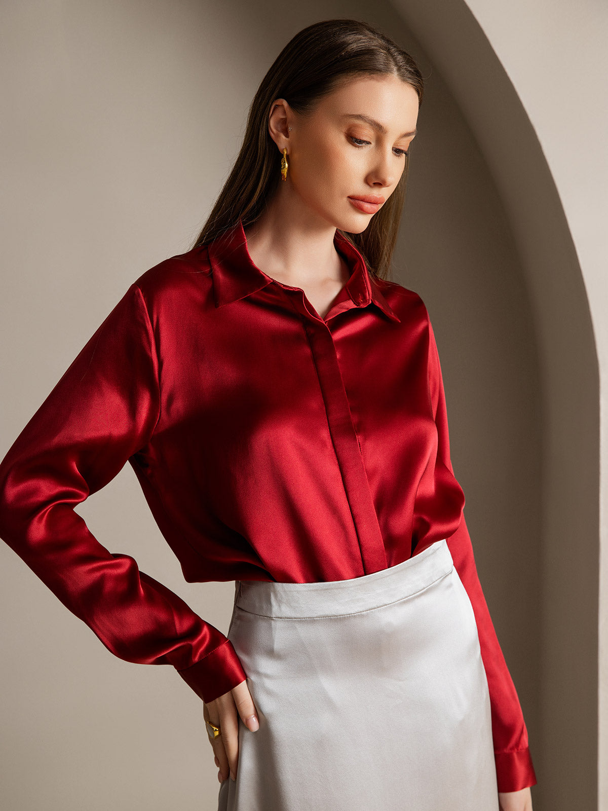 [Wine] SilkSilky-AU 19Momme Silk Lapel Collar Women's Shirt 001