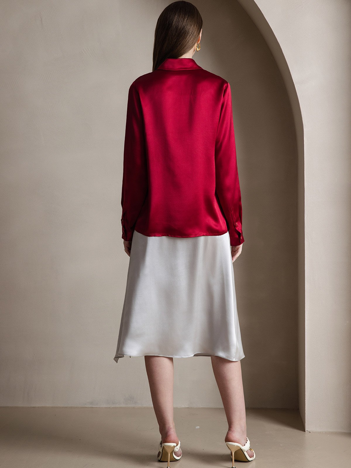 [Wine] SilkSilky-AU 19Momme Silk Lapel Collar Women's Shirt 002