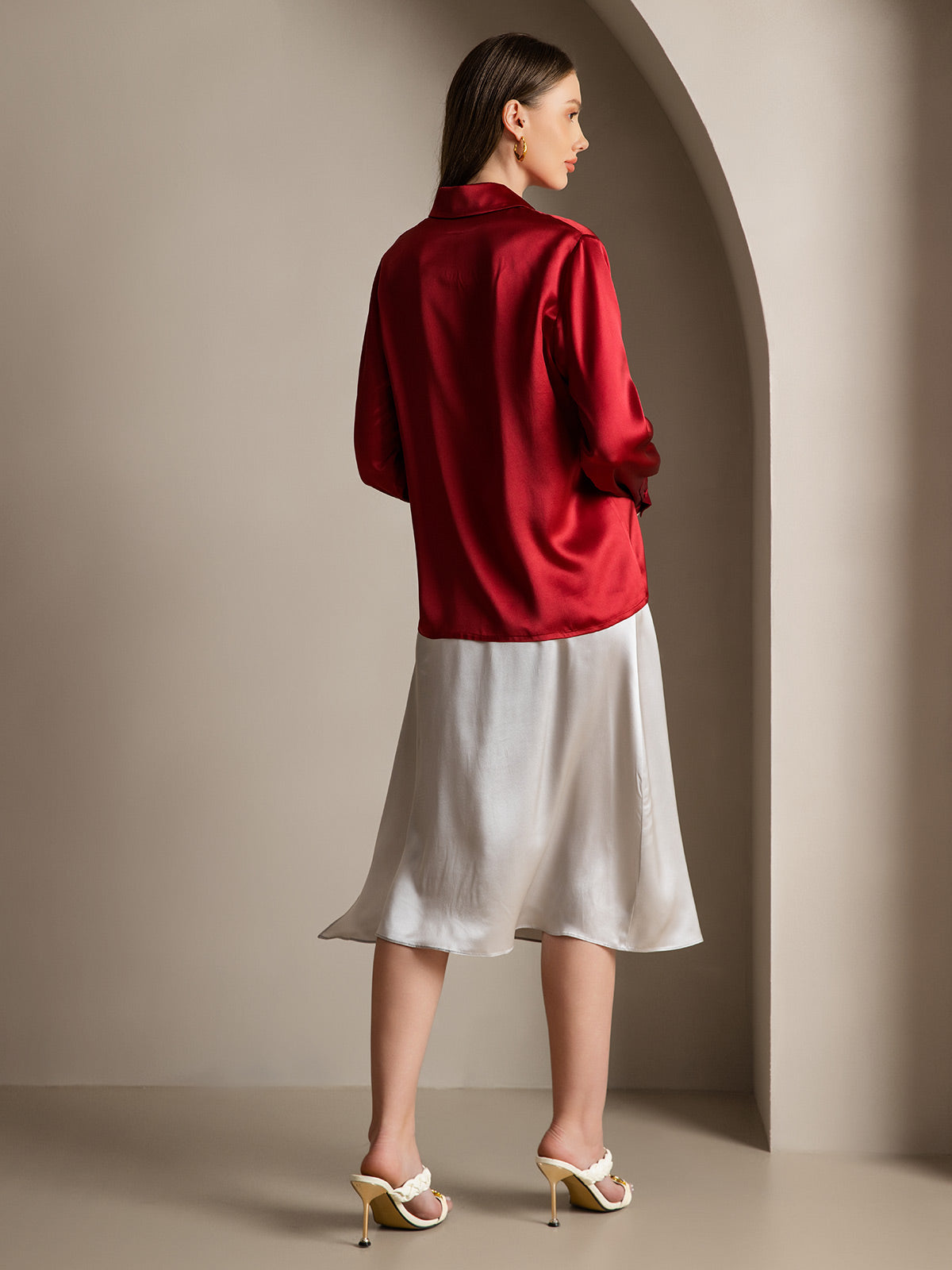 [Wine] SilkSilky-AU 19Momme Silk Lapel Collar Women's Shirt 002