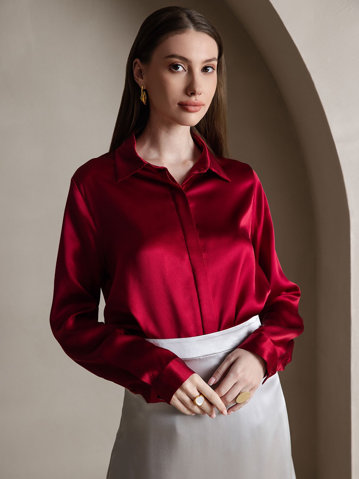 [Wine] SilkSilky-AU 19Momme Silk Lapel Collar Women's Shirt 003