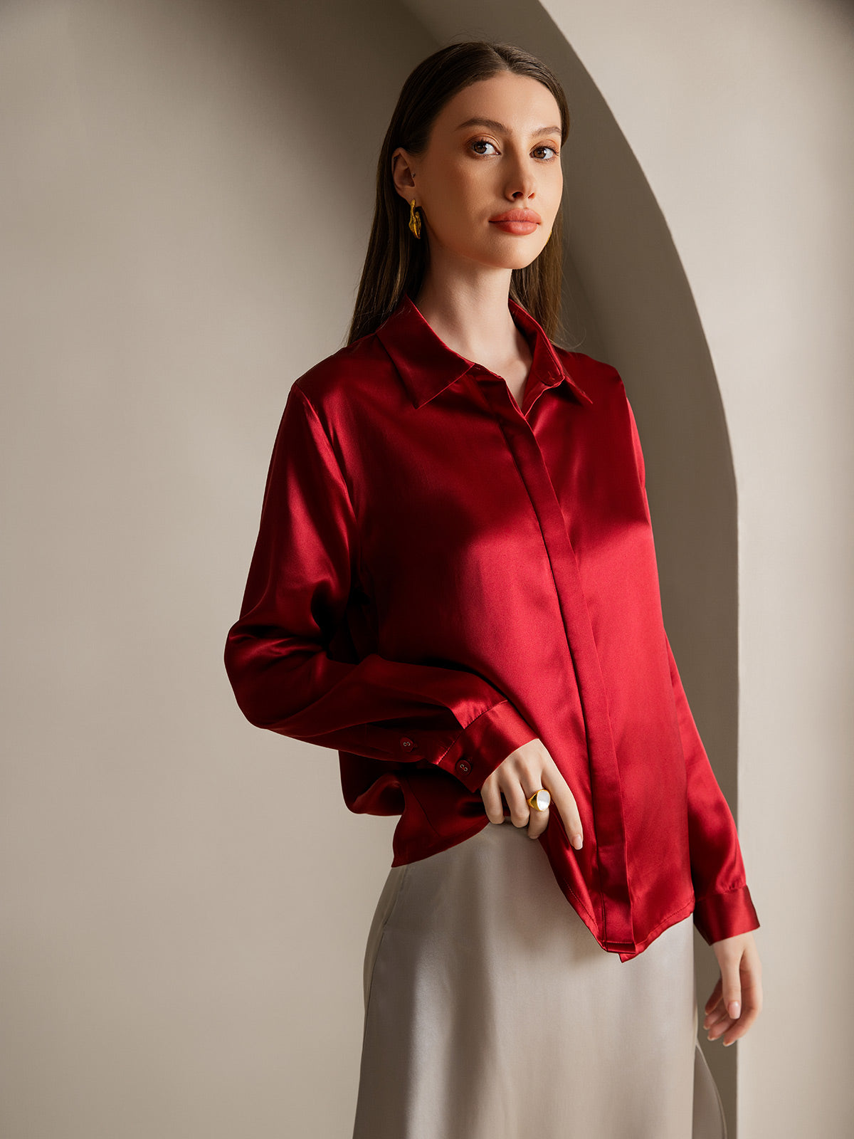 [Wine] SilkSilky-AU 19Momme Silk Lapel Collar Women's Shirt 003