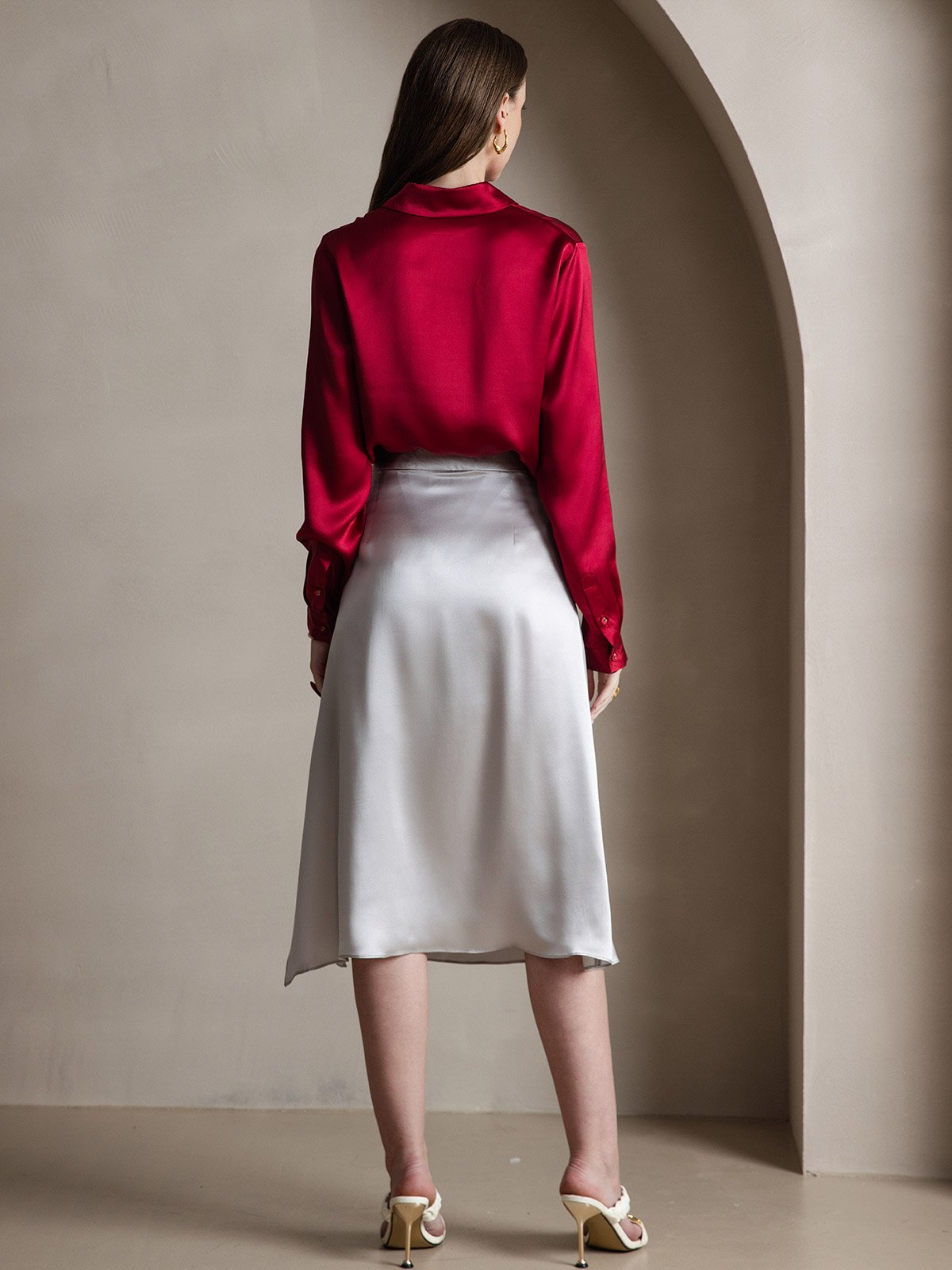 [Wine] SilkSilky-AU 19Momme Silk Lapel Collar Women's Shirt 004