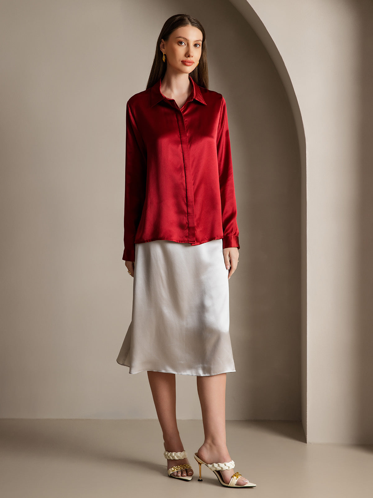 [Wine] SilkSilky-AU 19Momme Silk Lapel Collar Women's Shirt 004