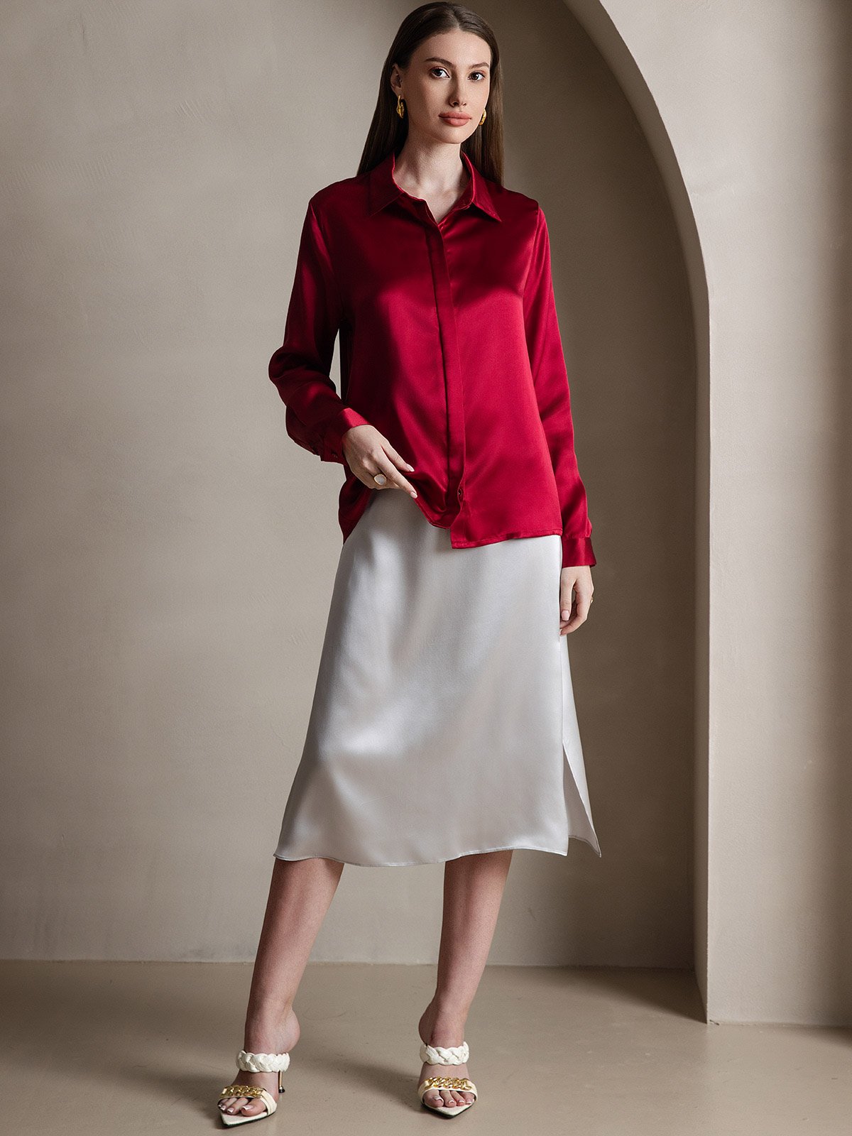 [Wine] SilkSilky-AU 19Momme Silk Lapel Collar Women's Shirt 005