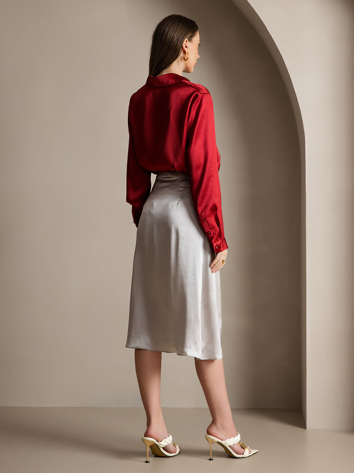 [Wine] SilkSilky-AU 19Momme Silk Lapel Collar Women's Shirt 005