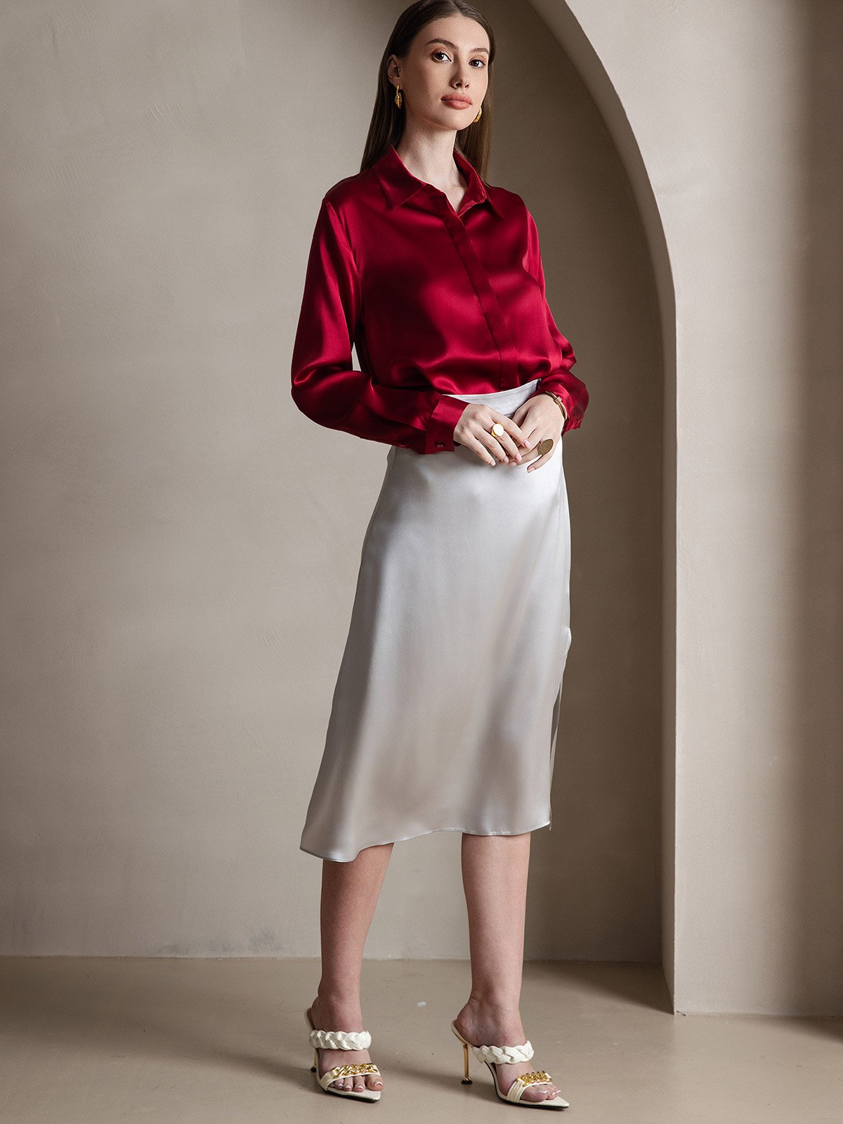 [Wine] SilkSilky-AU 19Momme Silk Lapel Collar Women's Shirt 006